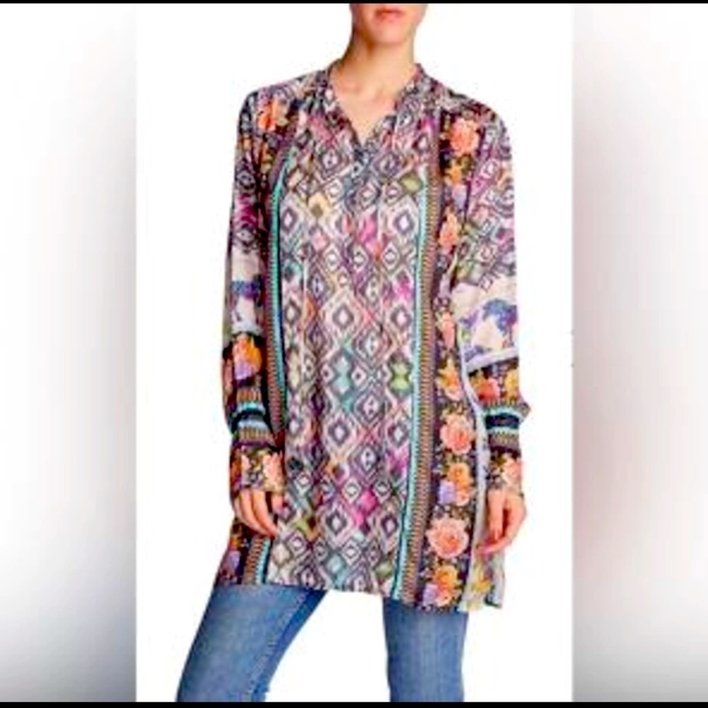 Nwot Johnny Was M silk long tunic dress boho printed button up spring
